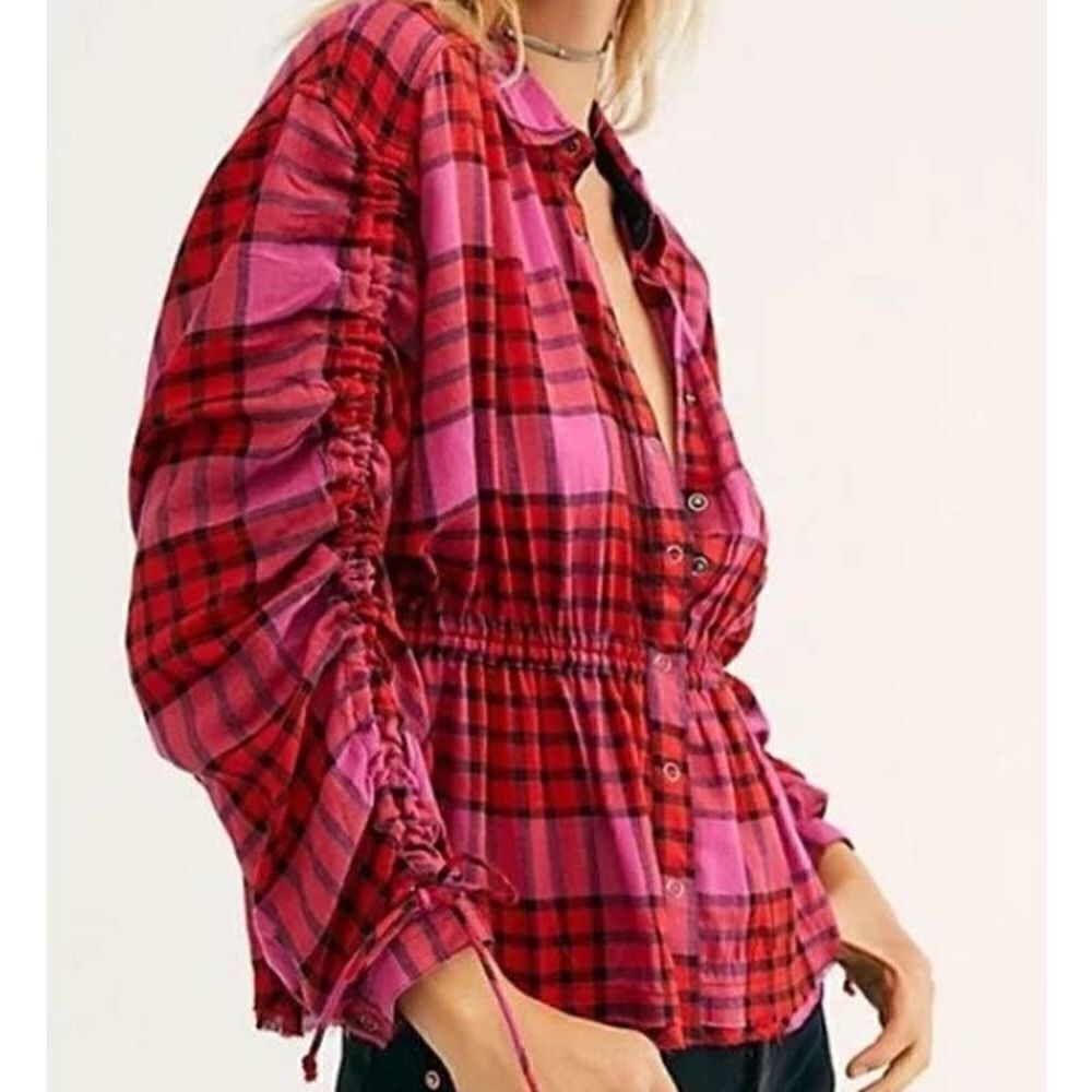 Free People Pacific Dawn Plaid Shirt Hot Pink Red Plaid Snap Button Down Sz. XS